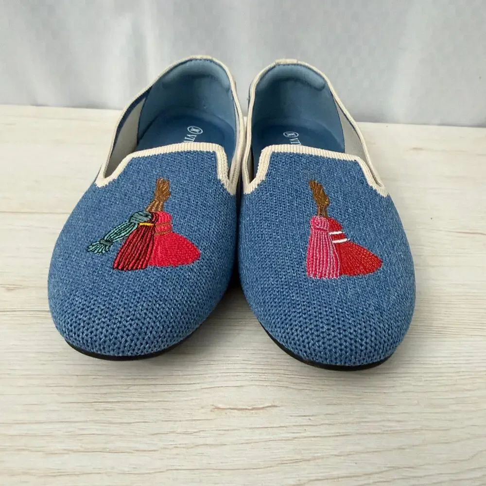 Vivaia Shoes Womens Size 6.5 Audrey Knit Flats Blue Tassel Embroidered 37